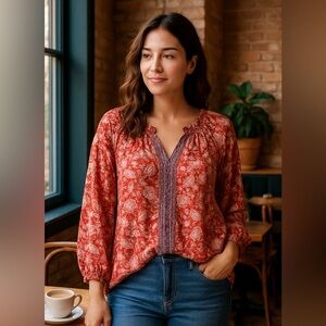 Lucky Brand Red Floral Boho Blouse – Size XL